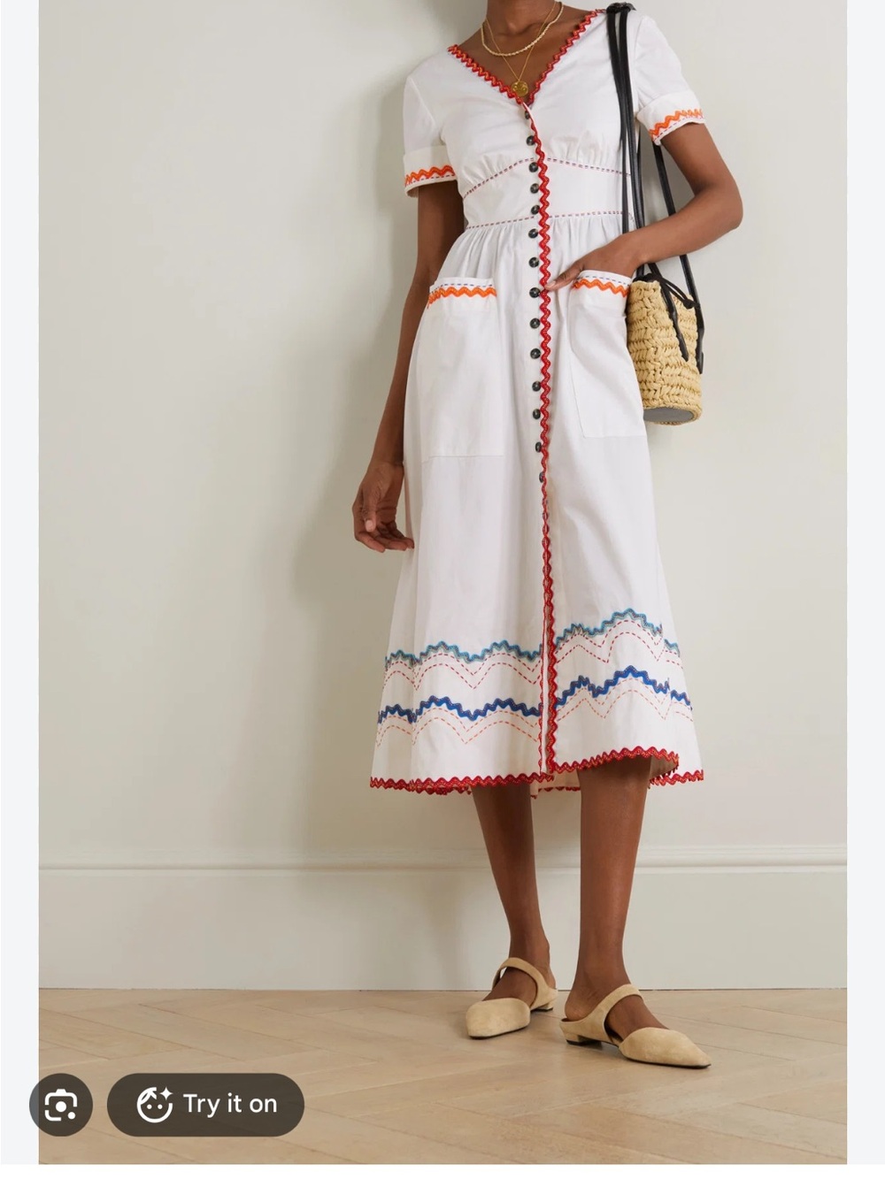 Saloni White Midi Dress with Multicolor Rickrack Trim 8